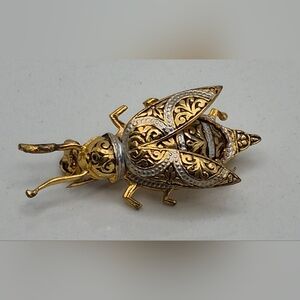Marked Spain Gold and Silver Tone Insect Beetle Bug Damascene Brooch.